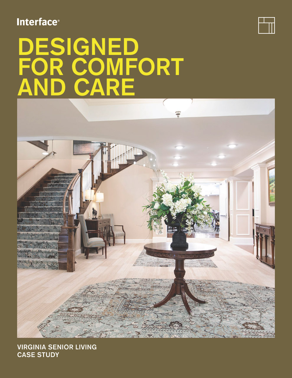 Interface Textured Woodgrains plank LVT with Ridge LVT in senior living lounge