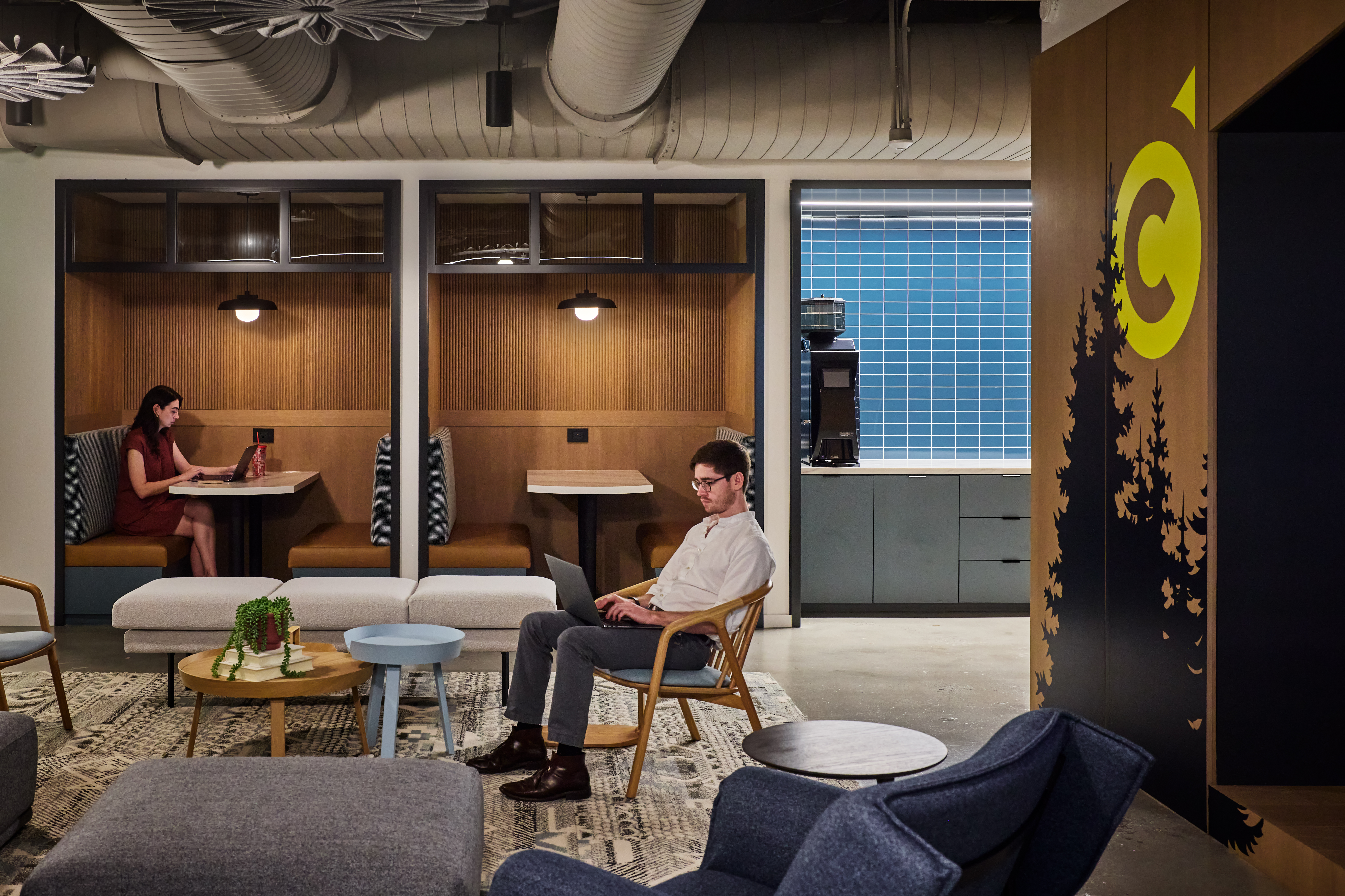 Interface Desert Ranch plank carpet tile as area rug in corporate collaborative space