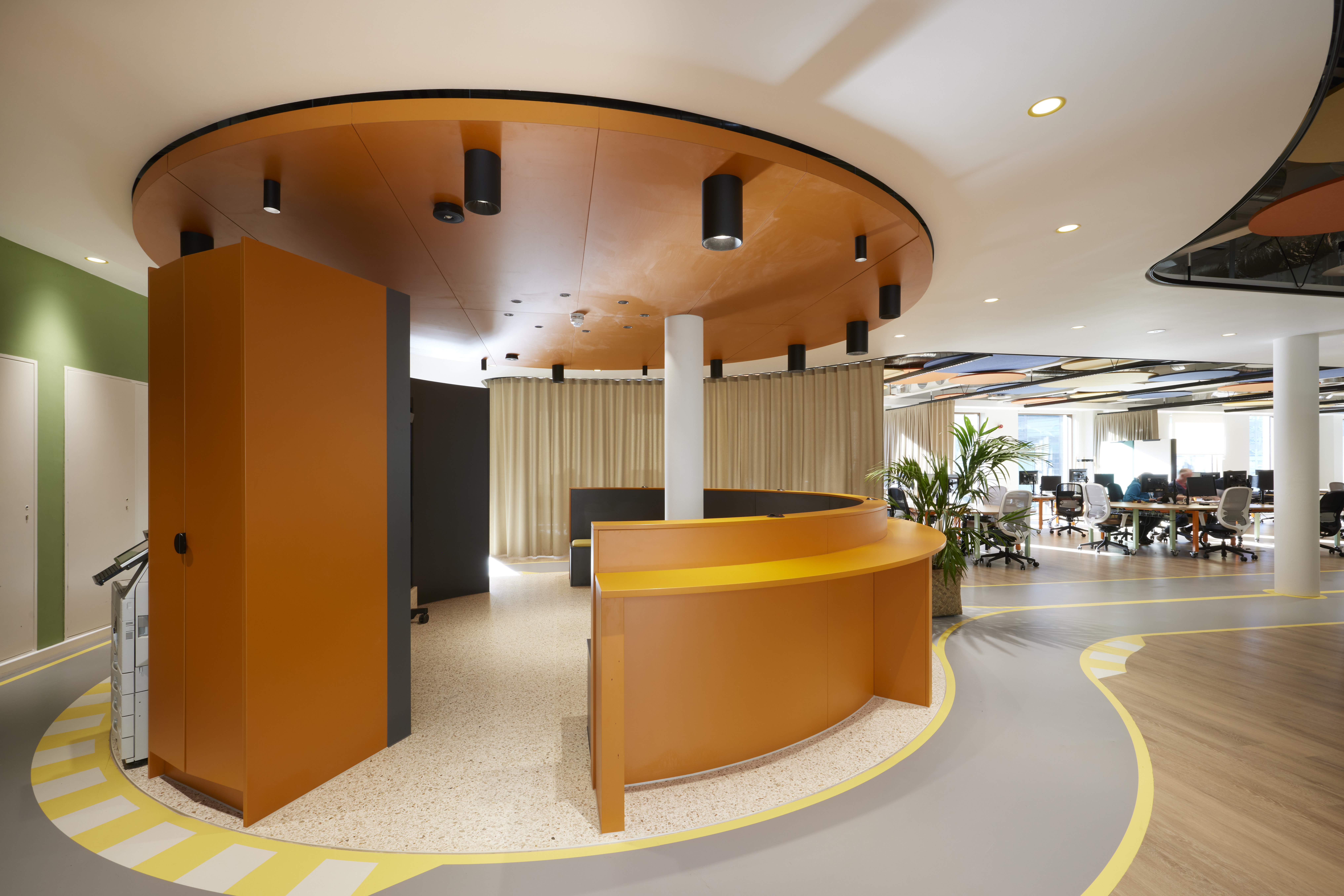 nora by Interface noraplan uni rubber flooring with Interface Textured Woodgrains plank LVT in office reception and open office area