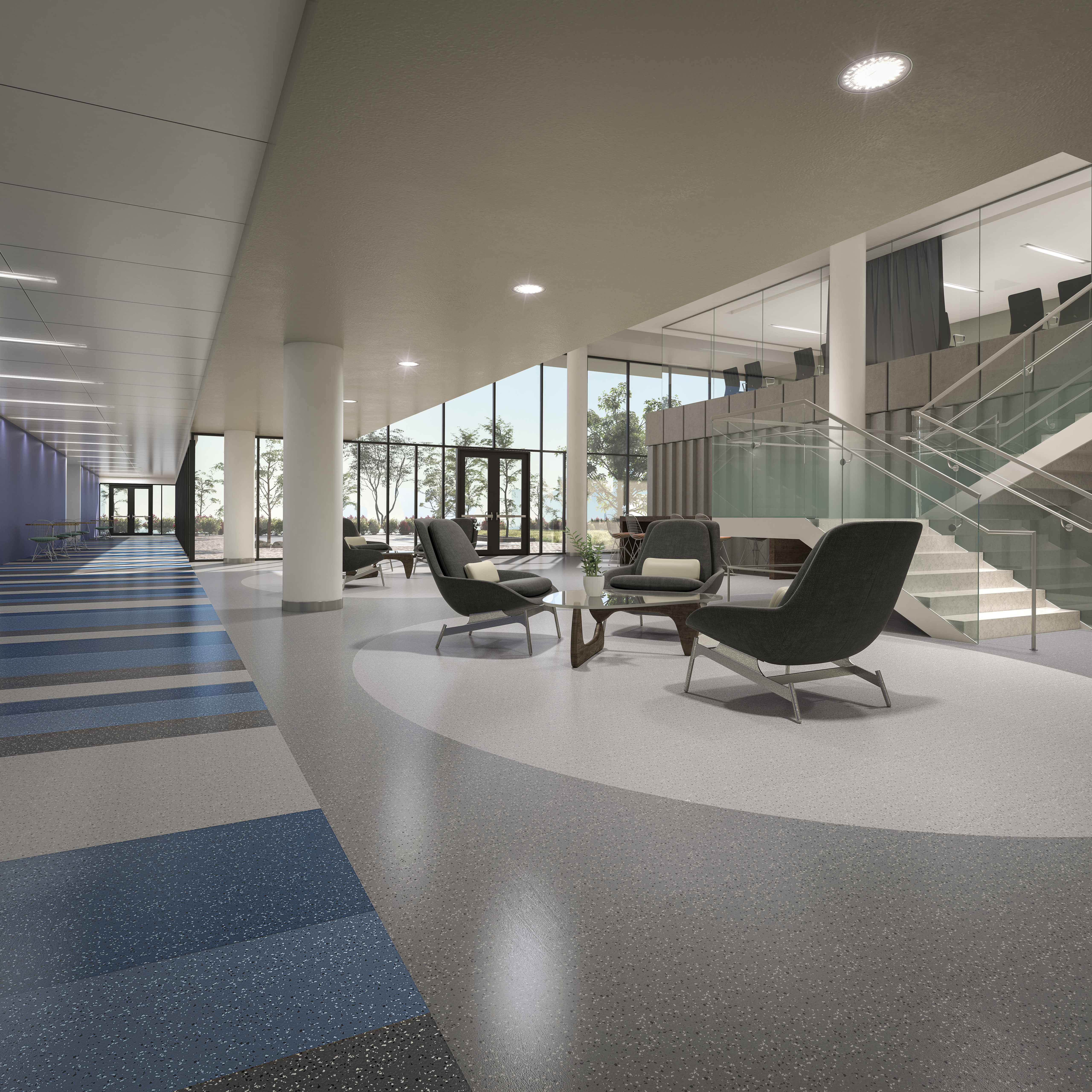 norament 926 grano rubber flooring in lobby with stairwell